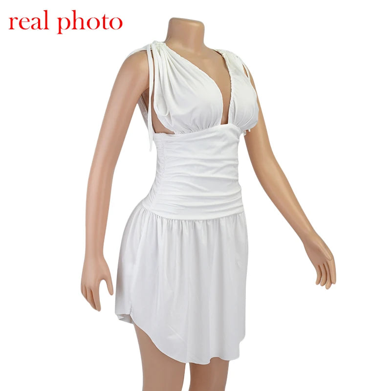 "Barcelona" Elegant Pleated Deep V-Neck Sleeveless Mini Dress