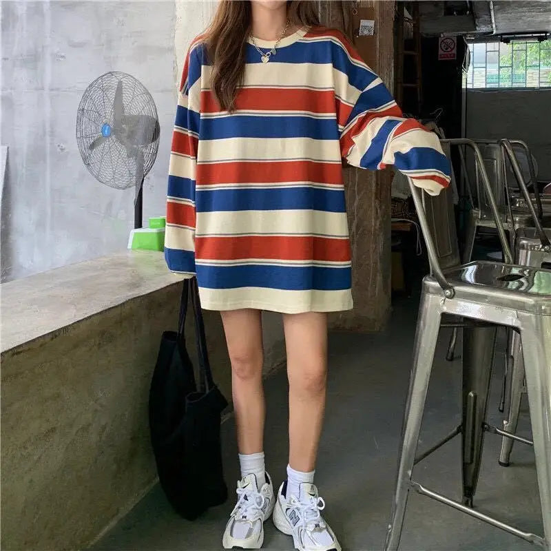 “Must Be Nice” Women’s Striped Oversized Long Sleeve Sweatshirt
