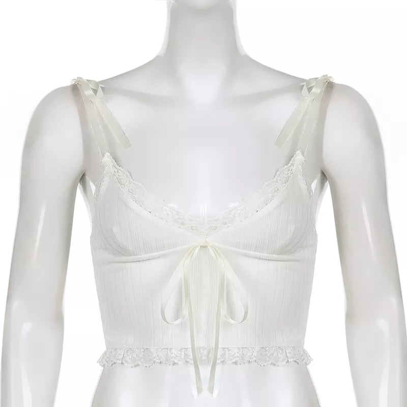 “Lily” Y2K Style Lace Trim Knitted Backless Crop Top