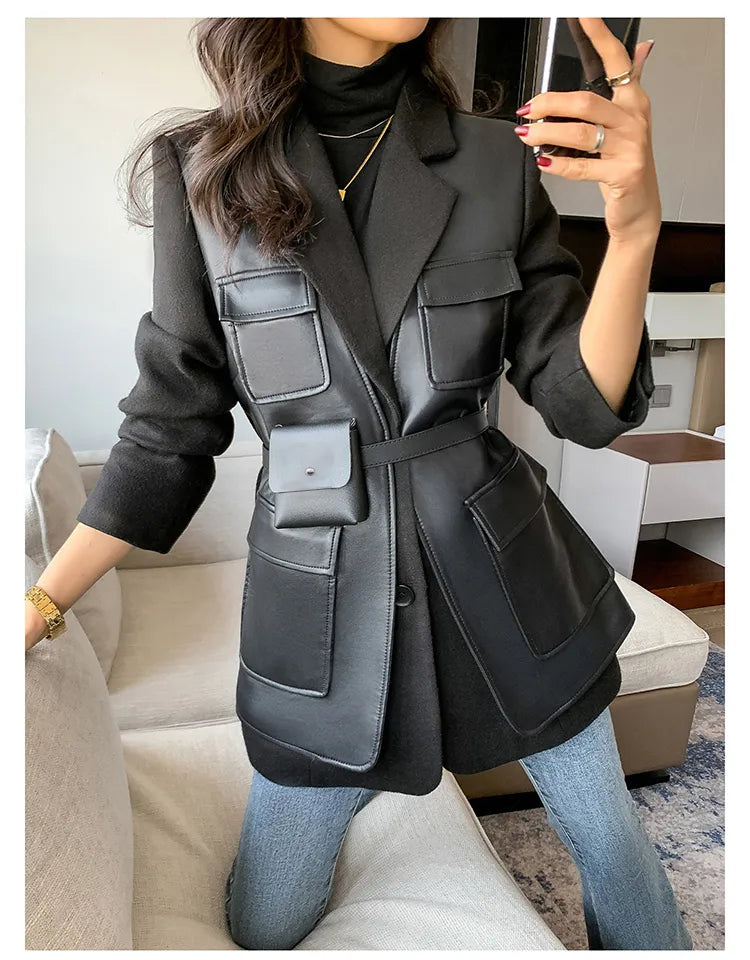 “Leona” Women’s Black Wool Designer Leather Jacket