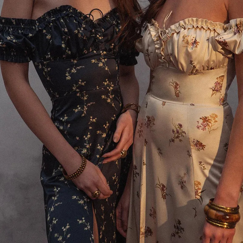 "Dandelion Dreams" Floral Print Off Shoulder Puff Sleeve Maxi Dress