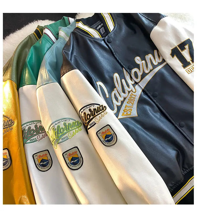 "California Dreamin" Women's Retro Letter Print Leather Baseball Jacket