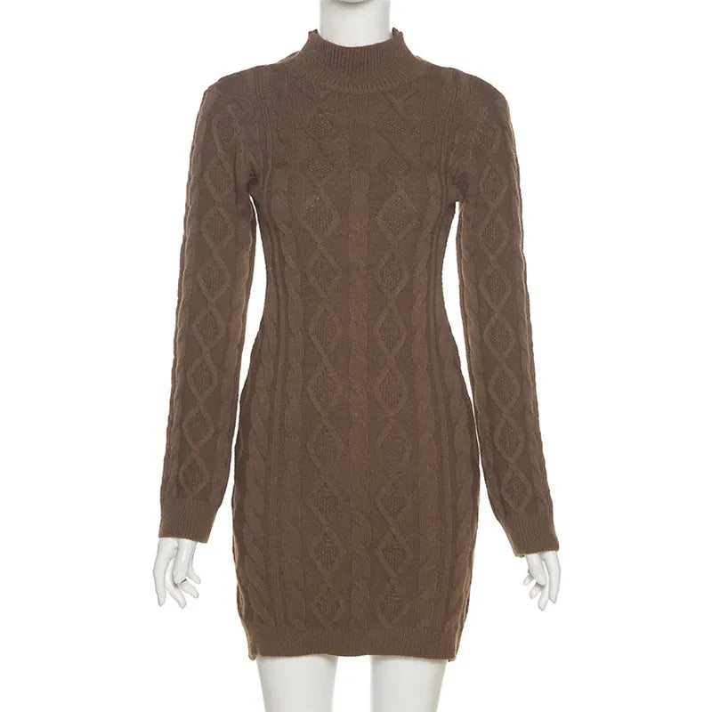 "Keep Me Interested" Knitted Backless Long Sleeve Mini Dress