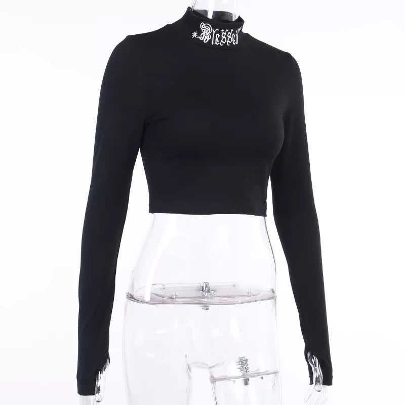 “#Blessed” Embroidered Gothic Bodycon Long Sleeve Crop Top