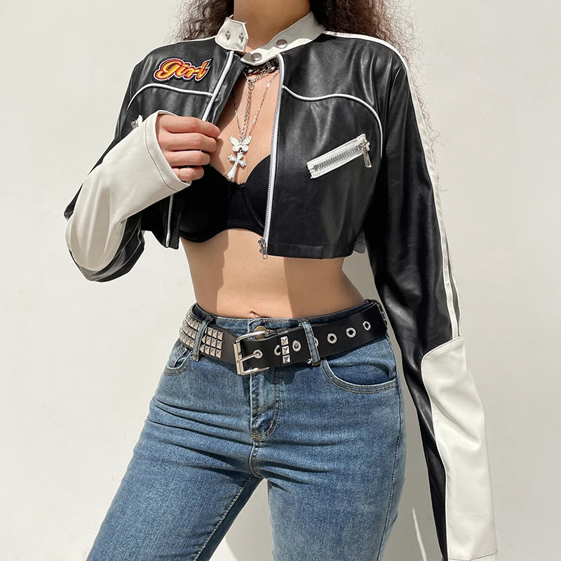 “Hot Shit” Women’s Cropped Two Tone Faux Leather Jacket