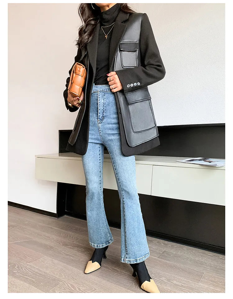 “Leona” Women’s Black Wool Designer Leather Jacket