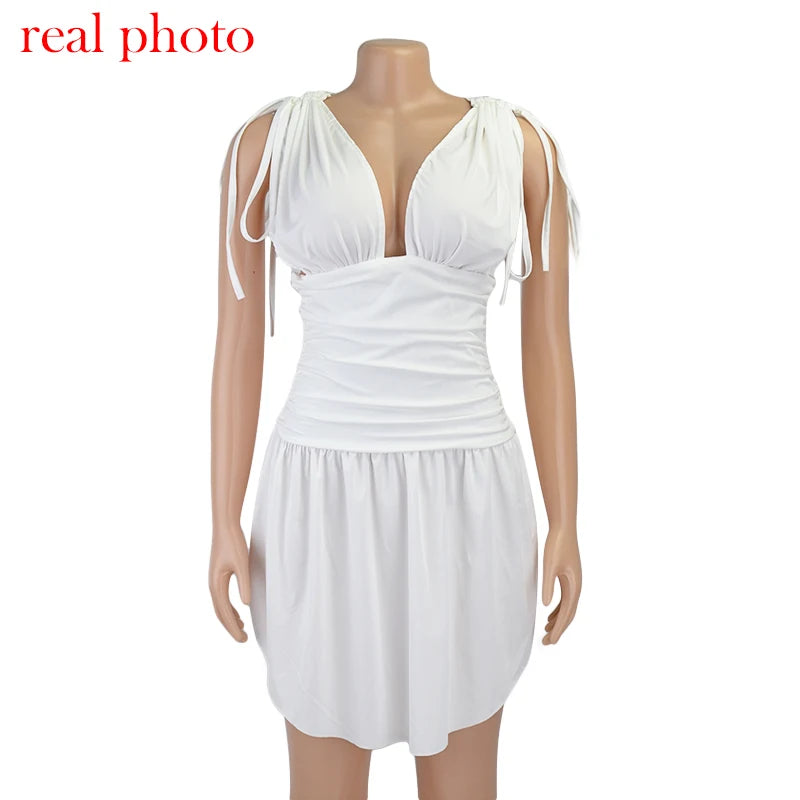 "Barcelona" Elegant Pleated Deep V-Neck Sleeveless Mini Dress