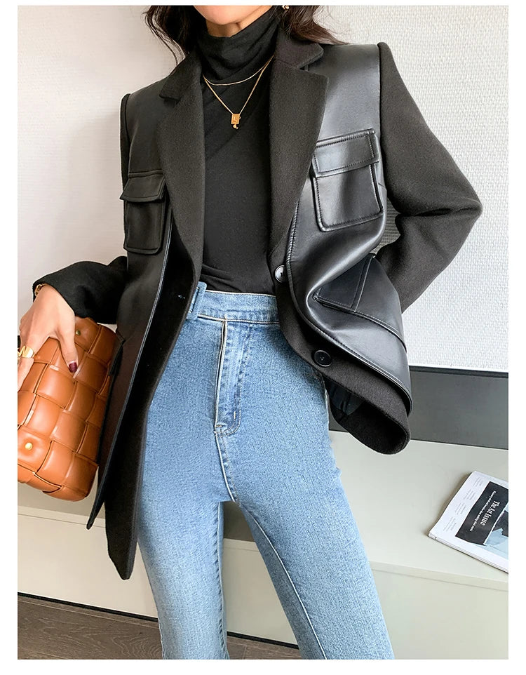 “Leona” Women’s Black Wool Designer Leather Jacket