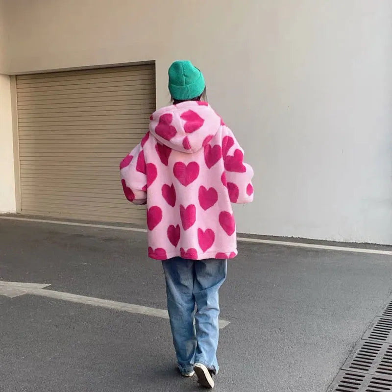 “Love Lace” Women’s Heart-shaped Harajuku Print Plush Hoodie