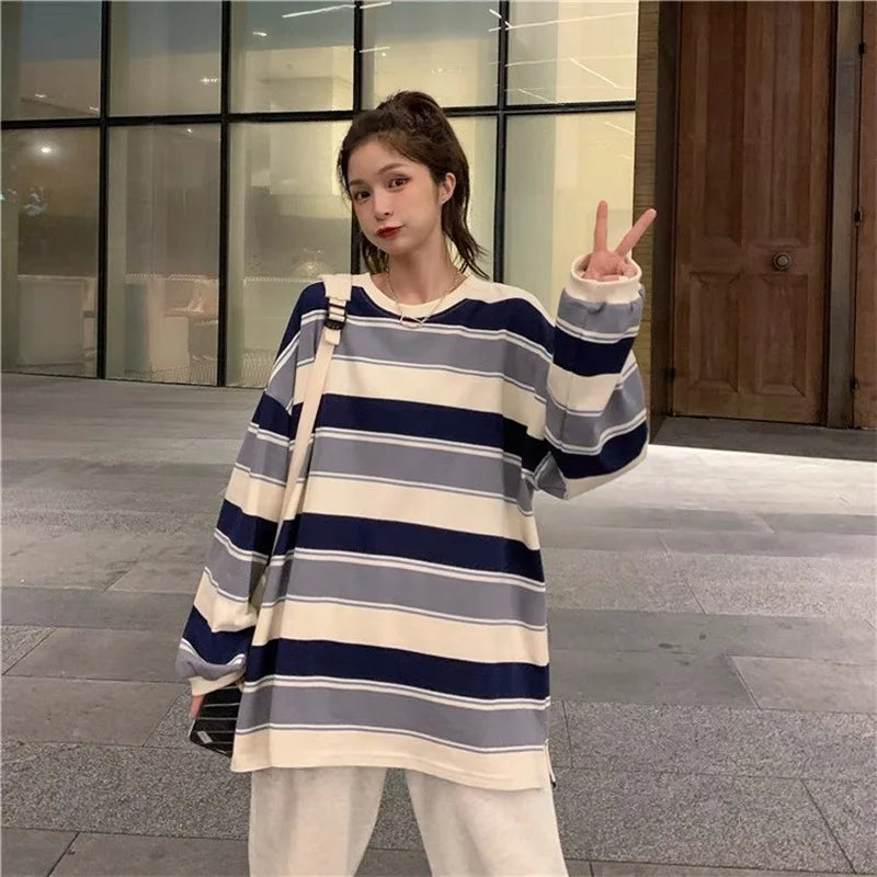“Must Be Nice” Women’s Striped Oversized Long Sleeve Sweatshirt