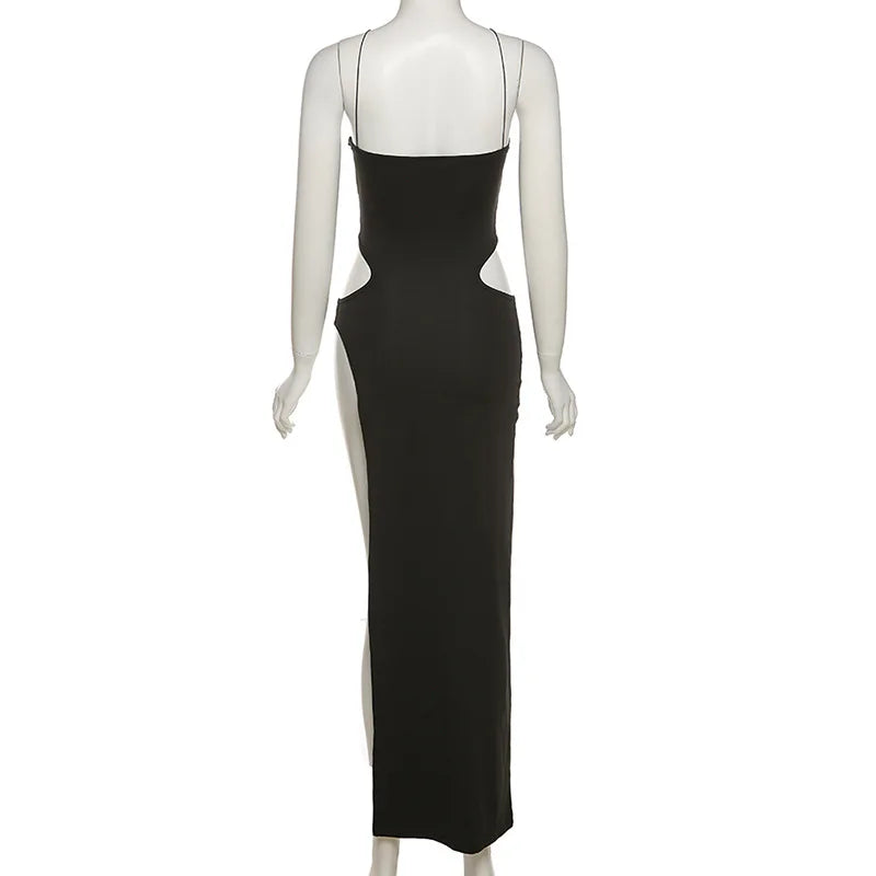 "Toxic" Sexy Black Cut Out High Waist Split Maxi Dress