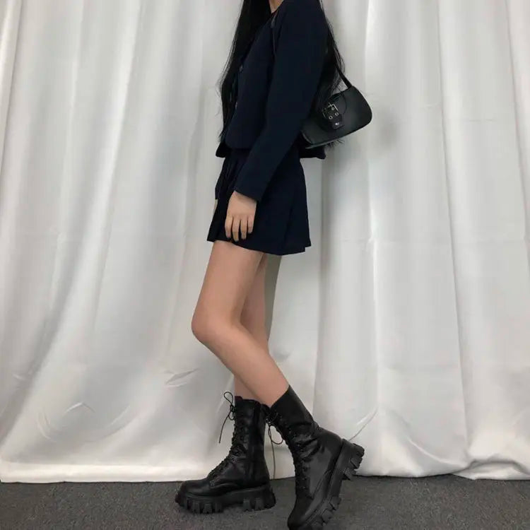 “Too Cute To Care” Women’s Designer Lace Up Mid Calf Chelsea Boots