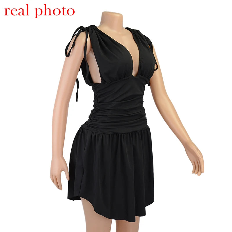 "Barcelona" Elegant Pleated Deep V-Neck Sleeveless Mini Dress
