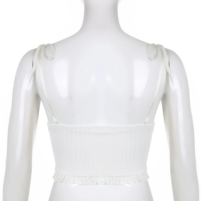 “Lily” Y2K Style Lace Trim Knitted Backless Crop Top