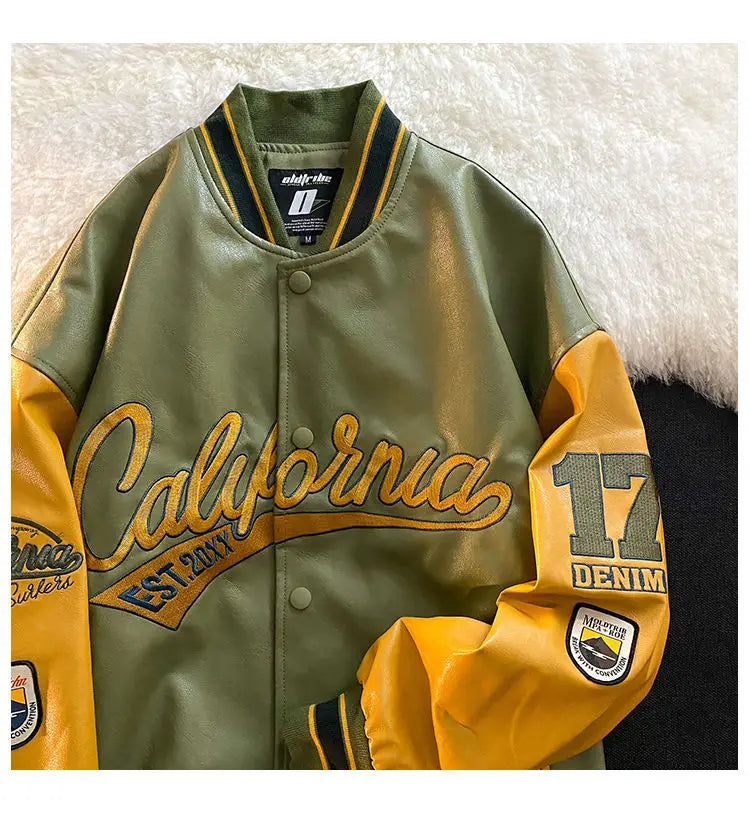 "California Dreamin" Women's Retro Letter Print Leather Baseball Jacket