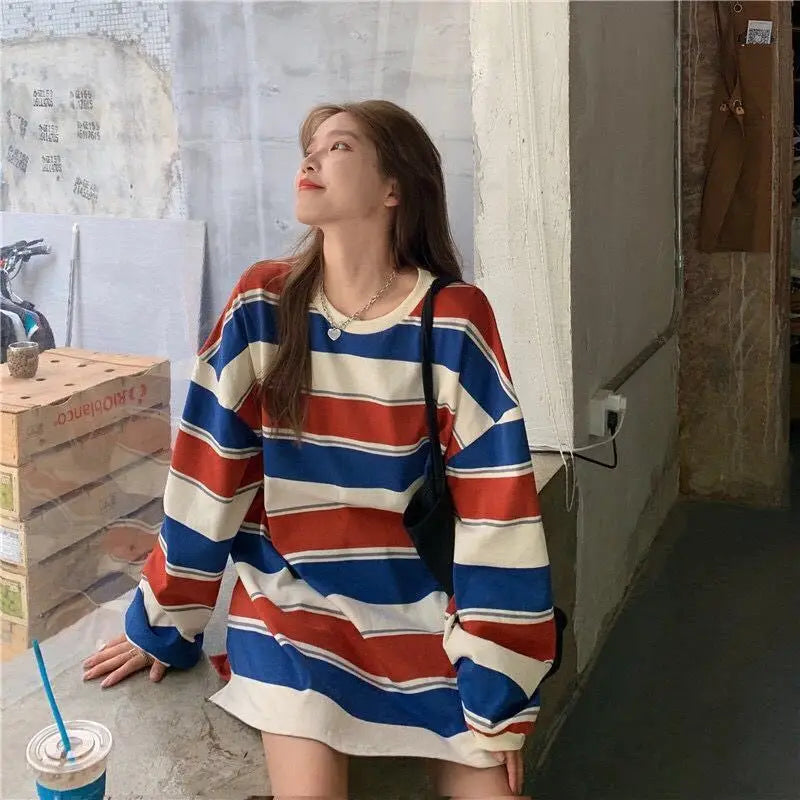 “Must Be Nice” Women’s Striped Oversized Long Sleeve Sweatshirt