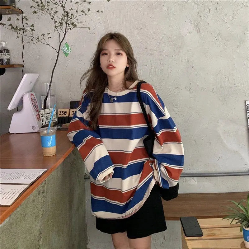 “Must Be Nice” Women’s Striped Oversized Long Sleeve Sweatshirt