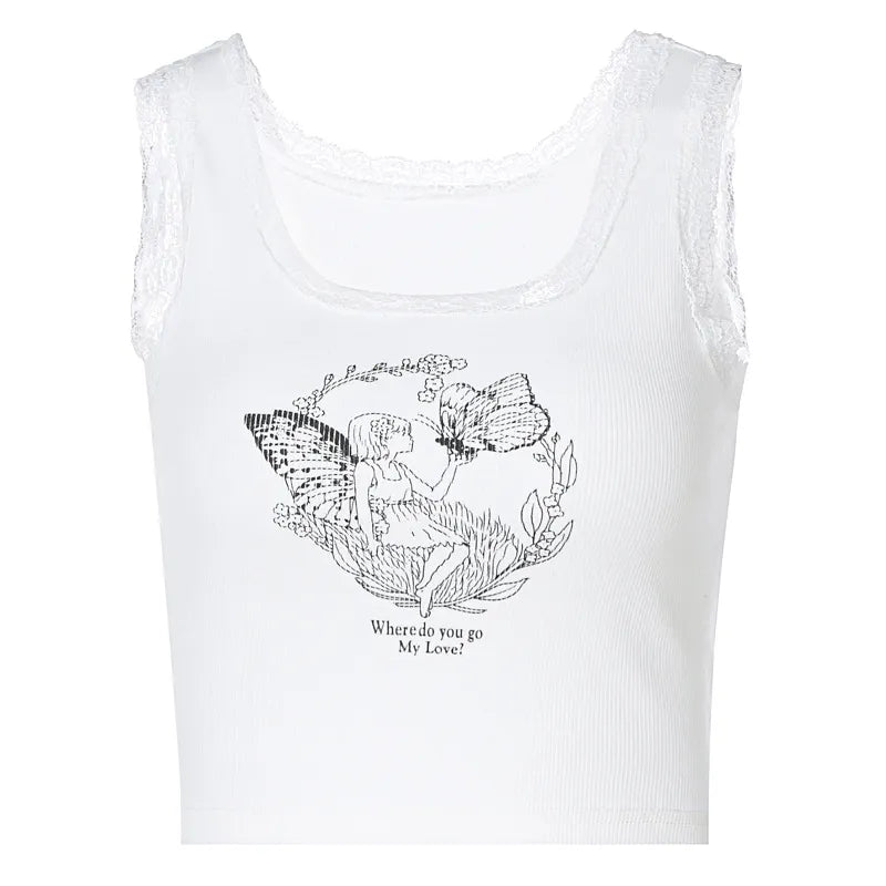 “Fairy Talez” Women’s Lace Trim Cartoon Printed Ribbed Tank Top