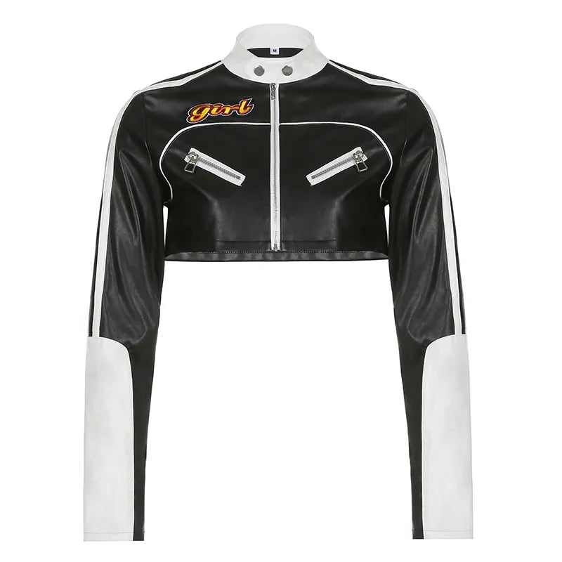 “Hot Shit” Women’s Cropped Two Tone Faux Leather Jacket