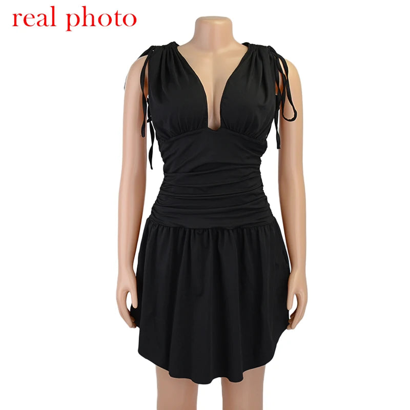 "Barcelona" Elegant Pleated Deep V-Neck Sleeveless Mini Dress