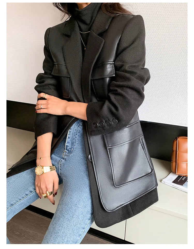 “Leona” Women’s Black Wool Designer Leather Jacket