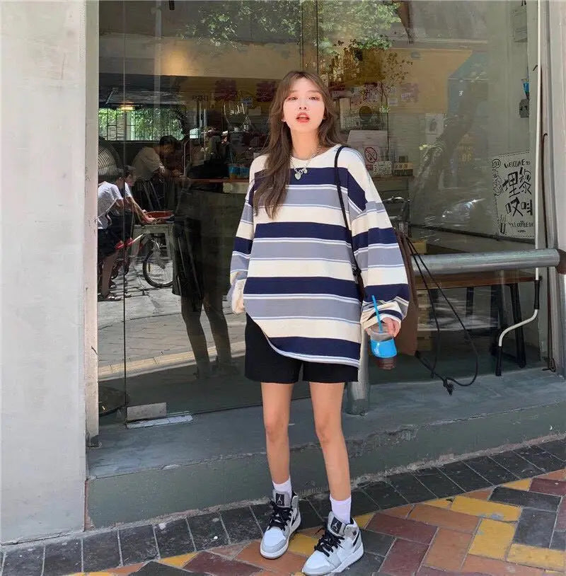 “Must Be Nice” Women’s Striped Oversized Long Sleeve Sweatshirt