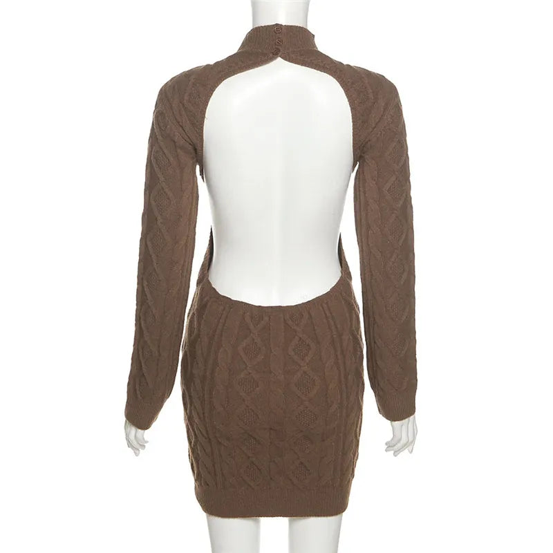 "Keep Me Interested" Knitted Backless Long Sleeve Mini Dress