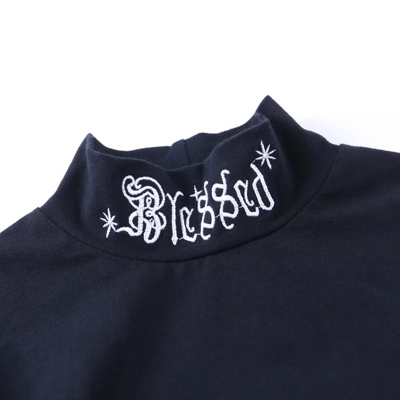 “#Blessed” Embroidered Gothic Bodycon Long Sleeve Crop Top