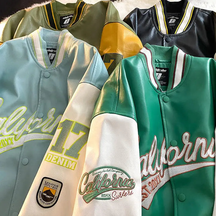 "California Dreamin" Women's Retro Letter Print Leather Baseball Jacket