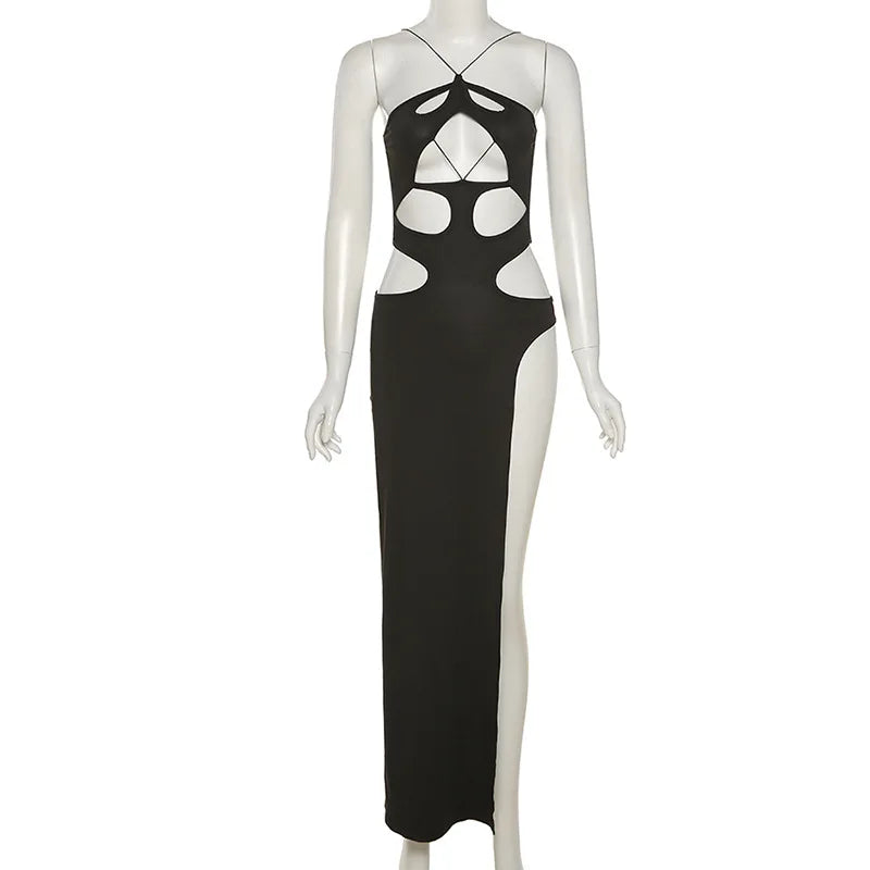 "Toxic" Sexy Black Cut Out High Waist Split Maxi Dress