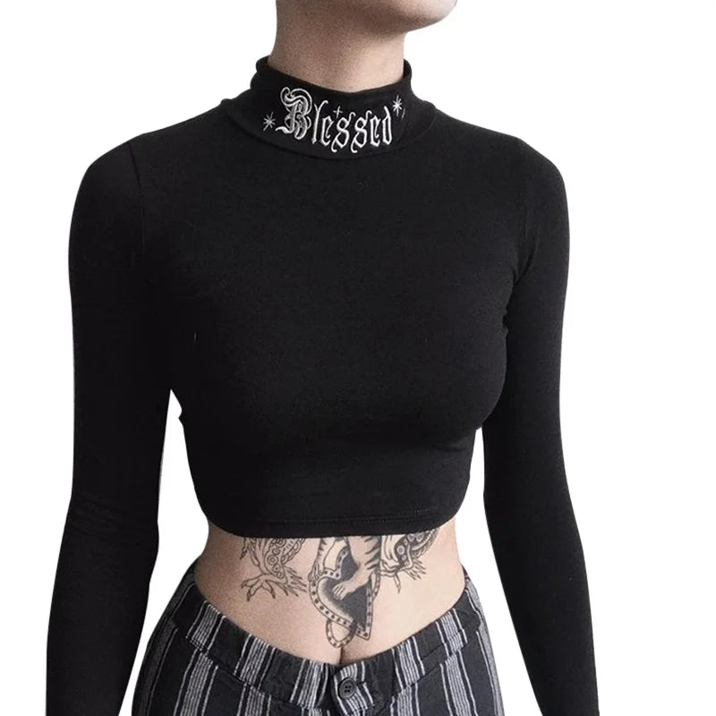 “#Blessed” Embroidered Gothic Bodycon Long Sleeve Crop Top