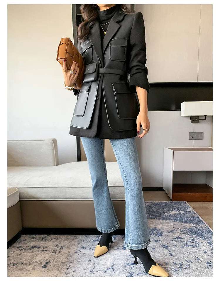 “Leona” Women’s Black Wool Designer Leather Jacket