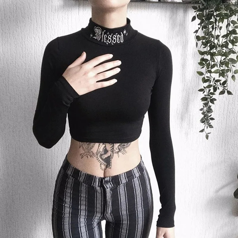 “#Blessed” Embroidered Gothic Bodycon Long Sleeve Crop Top
