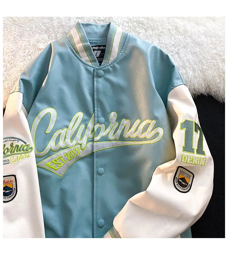"California Dreamin" Women's Retro Letter Print Leather Baseball Jacket