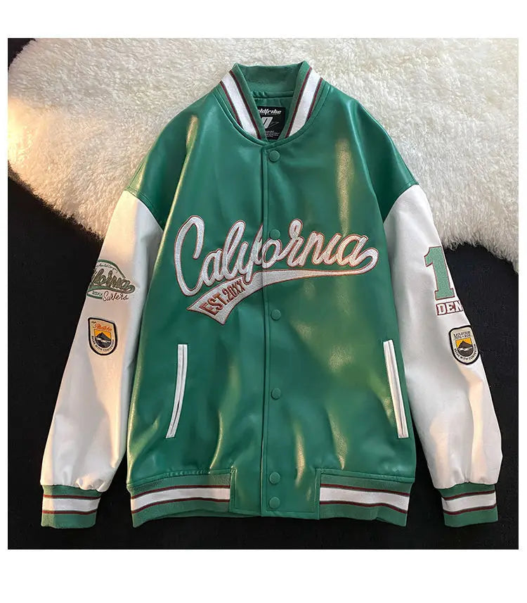 "California Dreamin" Women's Retro Letter Print Leather Baseball Jacket