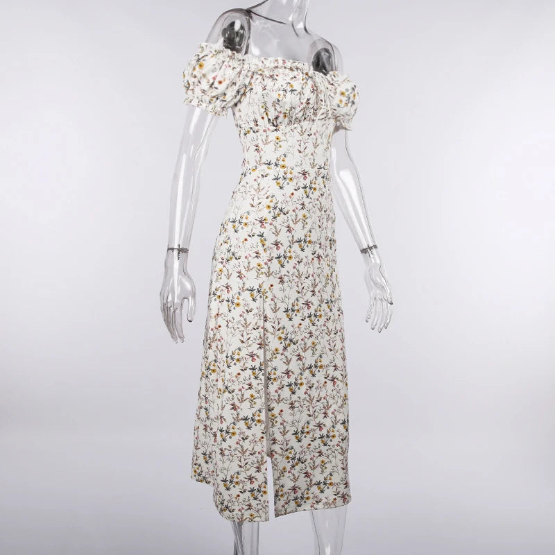 "Dandelion Dreams" Floral Print Off Shoulder Puff Sleeve Maxi Dress