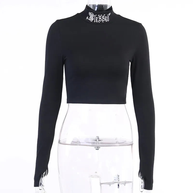 “#Blessed” Embroidered Gothic Bodycon Long Sleeve Crop Top