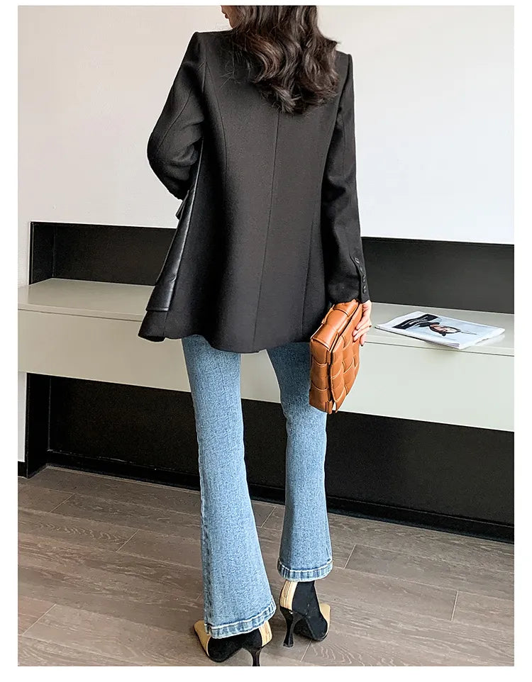 “Leona” Women’s Black Wool Designer Leather Jacket