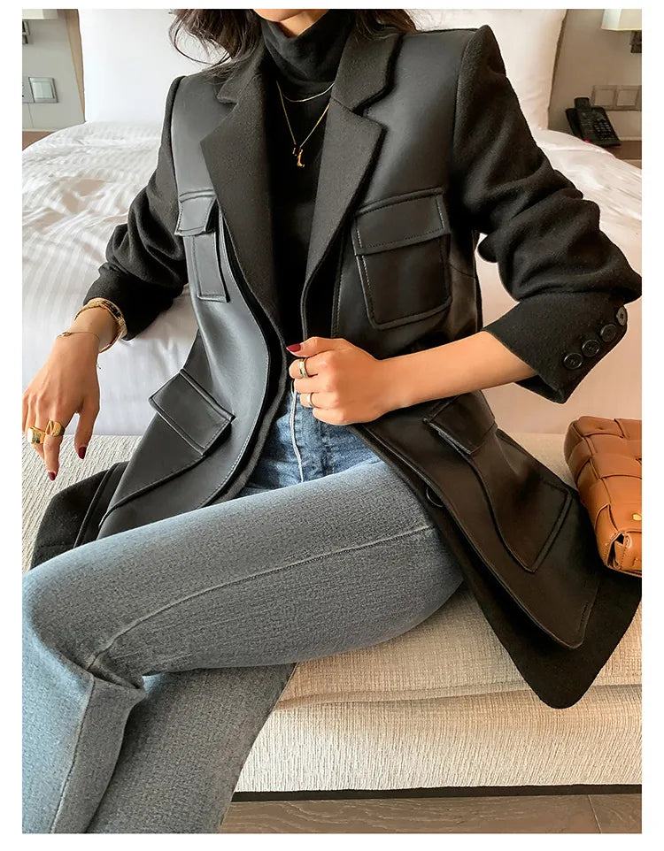 “Leona” Women’s Black Wool Designer Leather Jacket