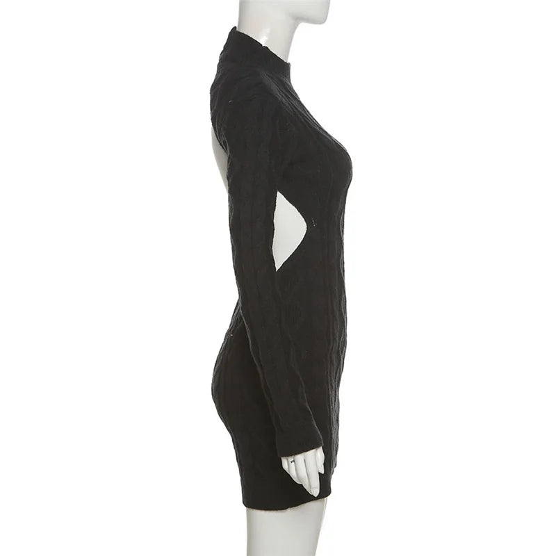 "Keep Me Interested" Knitted Backless Long Sleeve Mini Dress