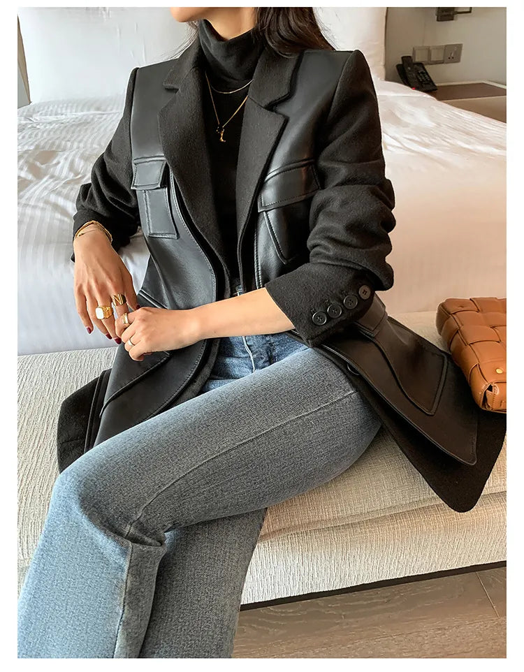 “Leona” Women’s Black Wool Designer Leather Jacket