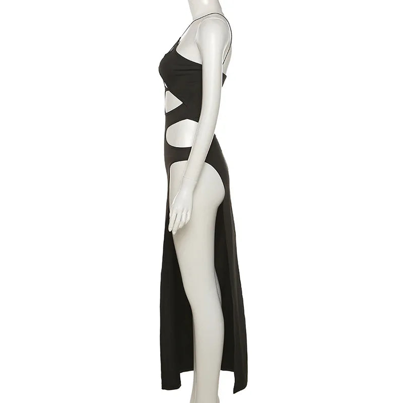 "Toxic" Sexy Black Cut Out High Waist Split Maxi Dress
