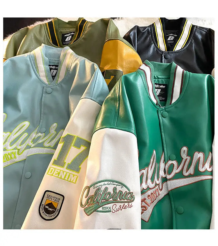 "California Dreamin" Women's Retro Letter Print Leather Baseball Jacket
