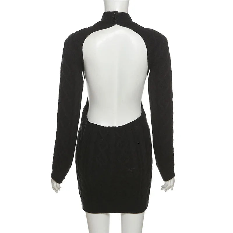 "Keep Me Interested" Knitted Backless Long Sleeve Mini Dress