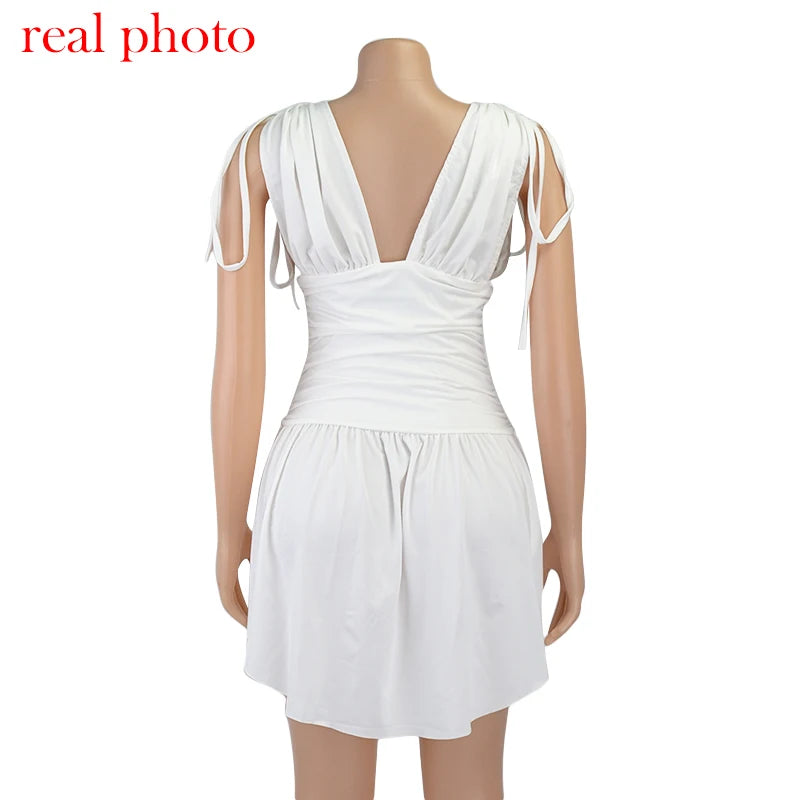 "Barcelona" Elegant Pleated Deep V-Neck Sleeveless Mini Dress