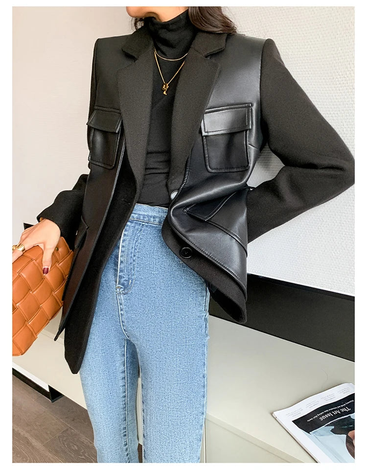 “Leona” Women’s Black Wool Designer Leather Jacket