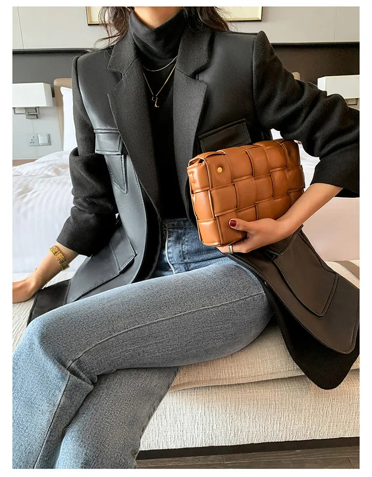 “Leona” Women’s Black Wool Designer Leather Jacket
