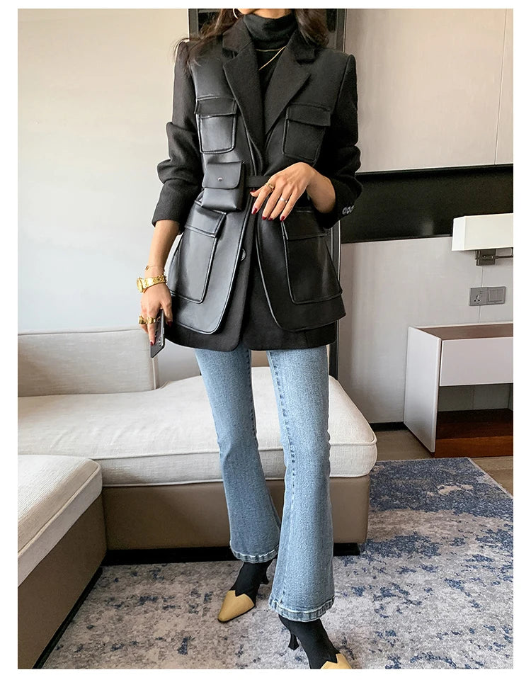 “Leona” Women’s Black Wool Designer Leather Jacket