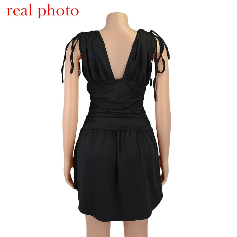 "Barcelona" Elegant Pleated Deep V-Neck Sleeveless Mini Dress