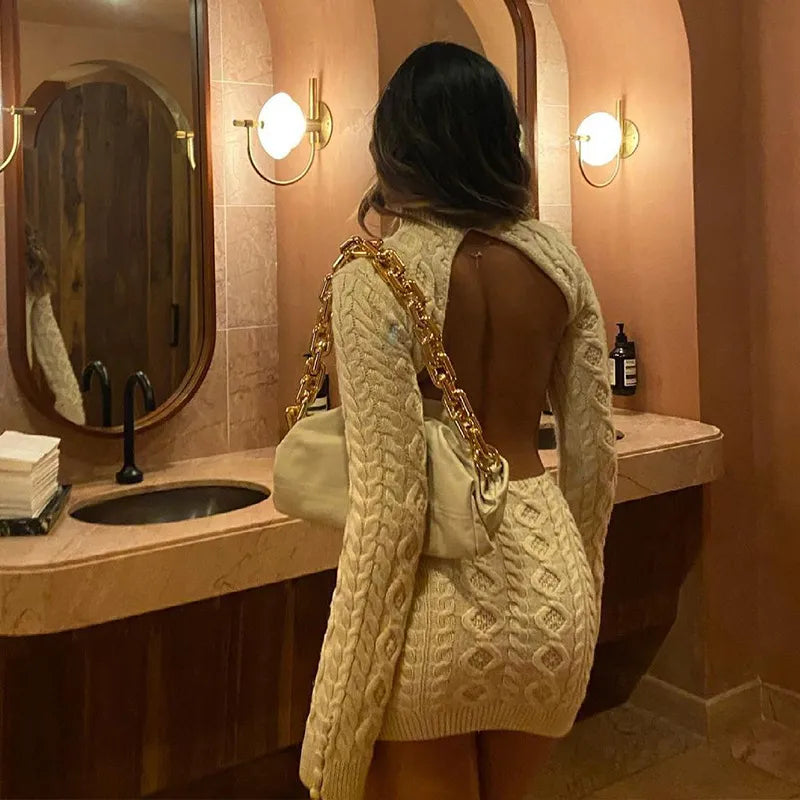"Keep Me Interested" Knitted Backless Long Sleeve Mini Dress